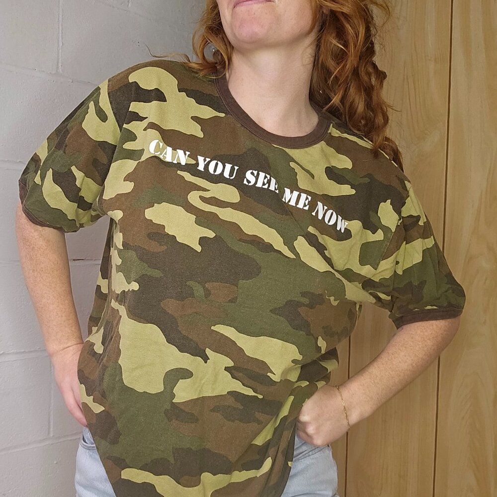 y2k Blokecore Grunge Alt Indie Skater "Can You See Me Now?" Ironic Camo TShirt